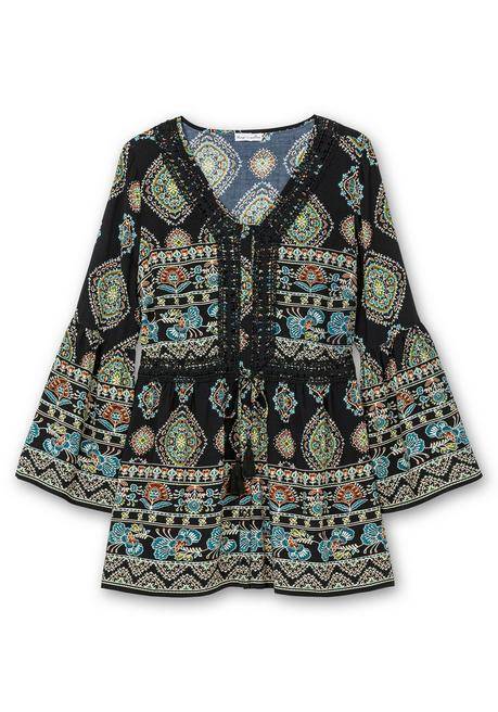 Sheego By Joe Browns Longbluse Im Ethno-Stil, Mit Crochet-Spitze - Schwarz Gemustert Sheego