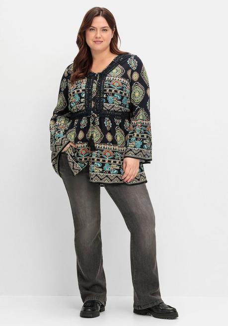 Sheego By Joe Browns Longbluse Im Ethno-Stil, Mit Crochet-Spitze - Schwarz Gemustert Sheego