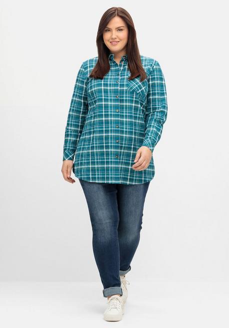 Sheego Longbluse In Crinkle-Qualität, Mit Fischgrät-Karos - Dunkelpetrol Kariert Sheego