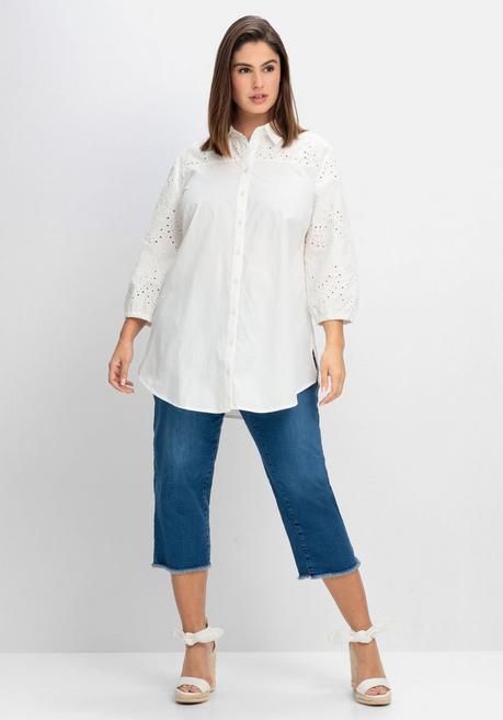 Sheego Longbluse Mit Lochstickerei, Gerundeter Saum - Weiß Sheego