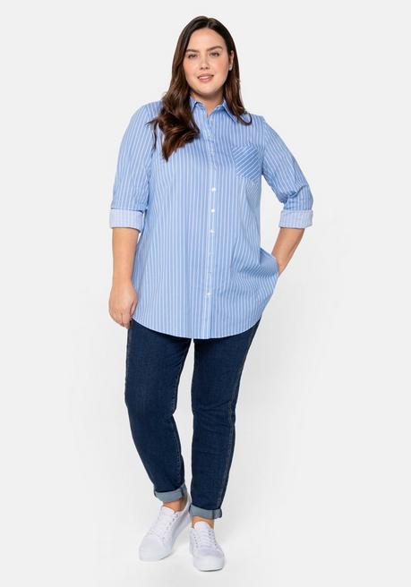 Sheego Longbluse Mit Streifen Und Gerundetem Saum - Mittelblau Sheego