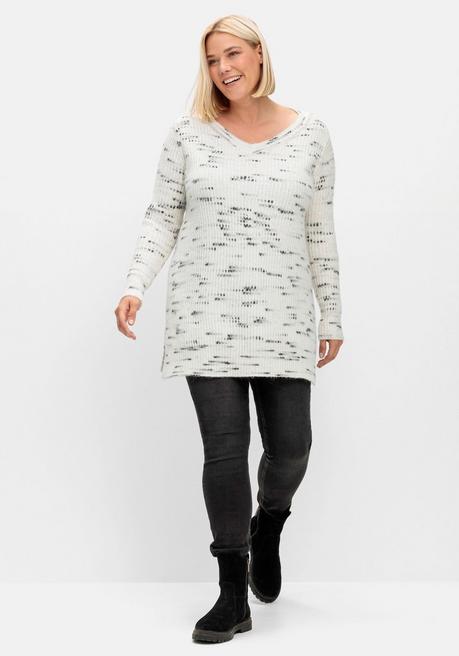 Sheego Longpullover Mit Kontrastgarn, Mit Wollanteil - Offwhite-schwarz Sheego