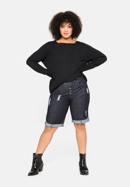 Sheego Longpullover Mit U-Boot-Ausschnitt Und Leinenanteil - Schwarz Sheego