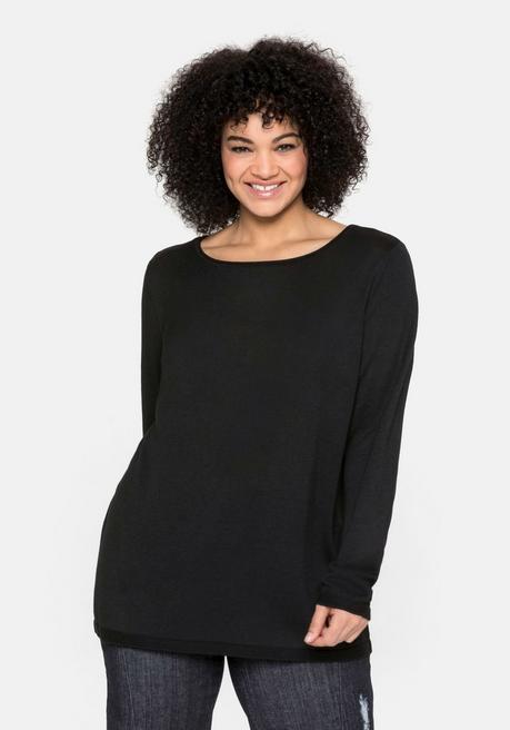 sheego Longpullover mit U-Boot-Ausschnitt und Leinenanteil - schwarz sheego
