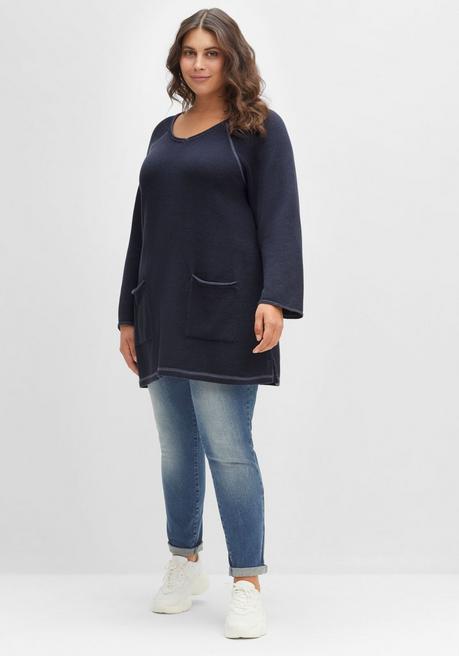 Sheego Longpullover Mit V-Ausschnitt Und Taschen Vorn - Nachtblau Sheego