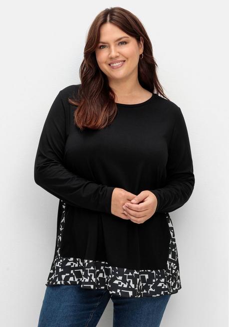 sheego Longshirt in Lagenoptik, mit Grafikprint-Einsatz - schwarz-weiß sheego
