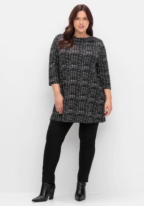 Sheego Longshirt Mit Print Und Wasserfall-Ausschnitt - Schwarz-weiß Sheego
