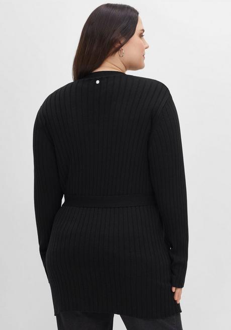 Sheego Longstrickjacke Im Rippstrickmuster, Mit Bindegürtel - Schwarz Sheego