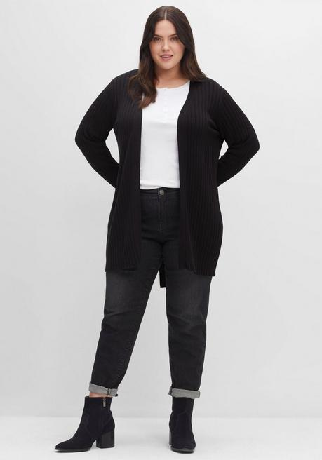 Sheego Longstrickjacke Im Rippstrickmuster, Mit Bindegürtel - Schwarz Sheego