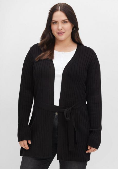 Sheego Longstrickjacke Im Rippstrickmuster, Mit Bindegürtel - Schwarz Sheego