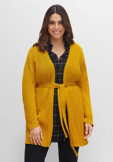 Sheego Longstrickjacke Im Rippstrickmuster, Mit Bindegürtel - Senfgelb Sheego