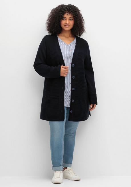 Sheego Longstrickjacke Im Strukturmix, Mit V-Ausschnitt - Tiefblau Sheego