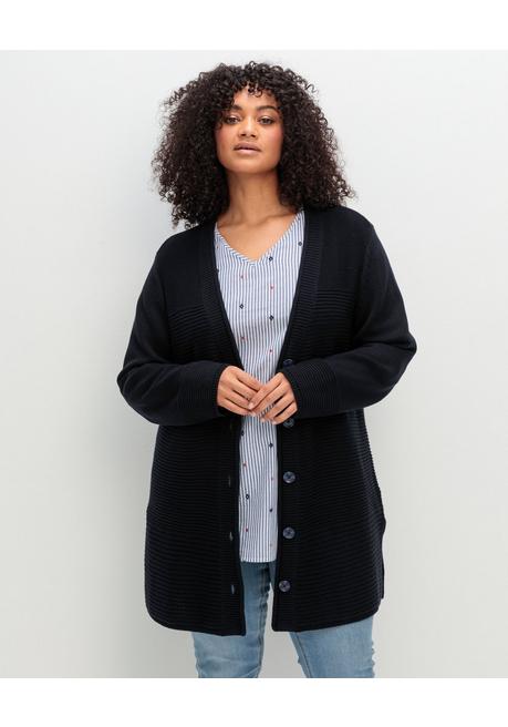 sheego Longstrickjacke im Strukturmix, mit V-Ausschnitt - tiefblau sheego