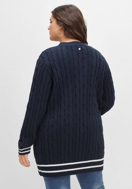 Sheego Longstrickjacke Im Zopfmuster, Mit Streifen-Bündchen - Nachtblau Sheego