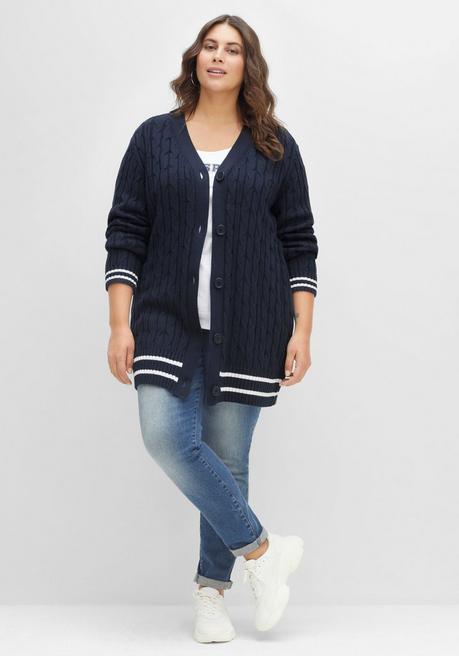 Sheego Longstrickjacke Im Zopfmuster, Mit Streifen-Bündchen - Nachtblau Sheego