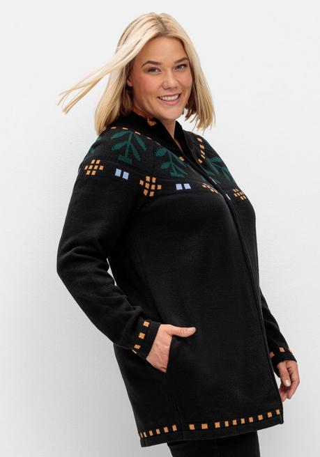 Sheego Longstrickjacke Mit Intarsienstrick Und Stehkragen - Schwarz Gemustert Sheego