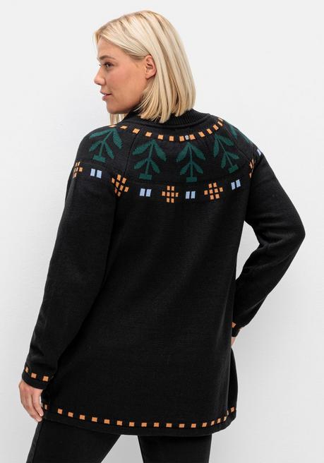 Sheego Longstrickjacke Mit Intarsienstrick Und Stehkragen - Schwarz Gemustert Sheego