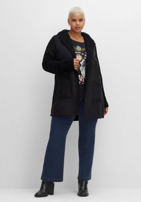 Sheego By Joe Browns Longstrickjacke Mit Kragen In Felloptik, Verschlusslos - Schwarz Sheego