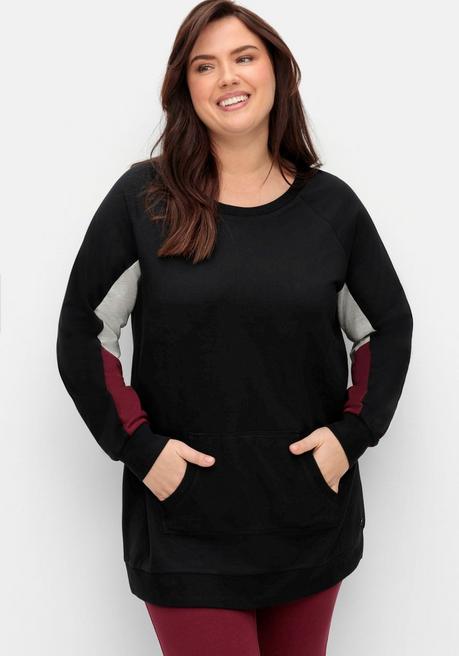 sheego Longsweatshirt mit Kontrast-Raglanärmeln - schwarz sheego