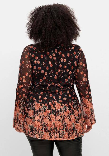 Sheego By Joe Browns Longtunika Aus Mesh, Mit Trompetenärmeln - Schwarz Gemustert Sheego