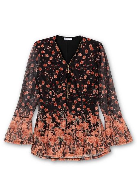 Sheego By Joe Browns Longtunika Aus Mesh, Mit Trompetenärmeln - Schwarz Gemustert Sheego