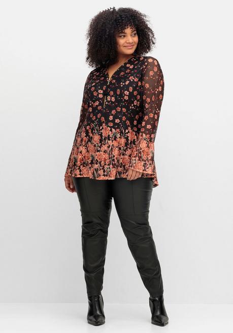 Sheego By Joe Browns Longtunika Aus Mesh, Mit Trompetenärmeln - Schwarz Gemustert Sheego