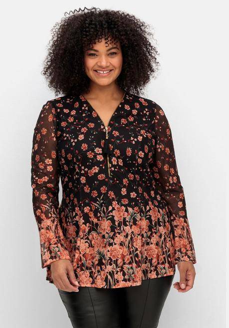 sheego by Joe Browns Longtunika aus Mesh, mit Trompetenärmeln - schwarz gemustert sheego