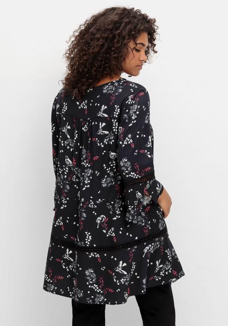 Sheego Longtunika Mit Floralem Print Und Lochmusterdetails - Schwarz-weiß Gemustert Sheego