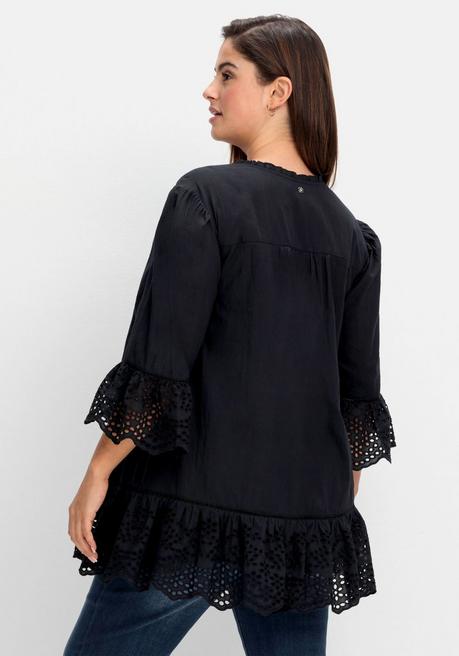 Sheego Longtunika Mit Lochmusterdetails Und Volantspitze - Schwarz Sheego