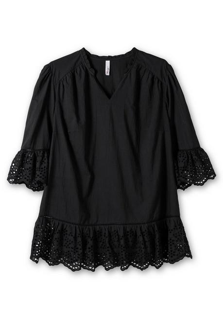 Sheego Longtunika Mit Lochmusterdetails Und Volantspitze - Schwarz Sheego