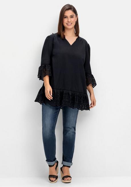 Sheego Longtunika Mit Lochmusterdetails Und Volantspitze - Schwarz Sheego