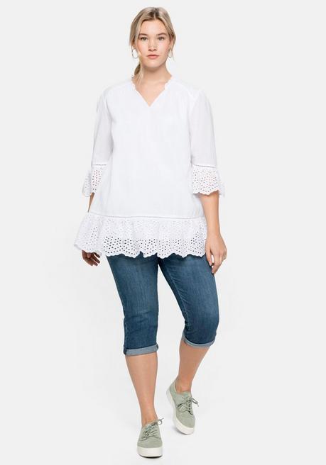 Sheego Longtunika Mit Lochmusterdetails Und Volantspitze - Weiß Sheego