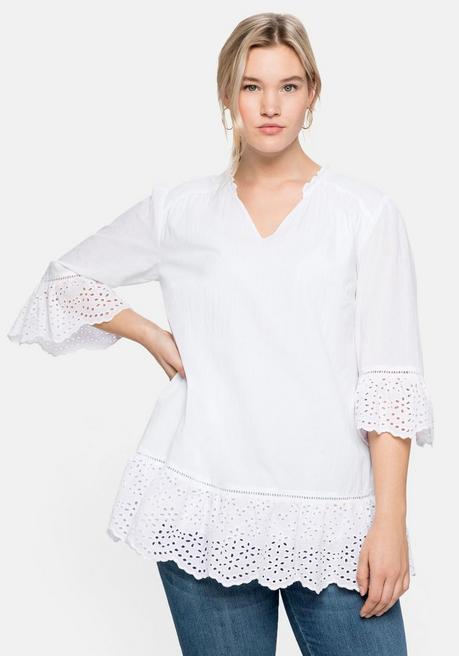 Sheego Longtunika Mit Lochmusterdetails Und Volantspitze - Weiß Sheego