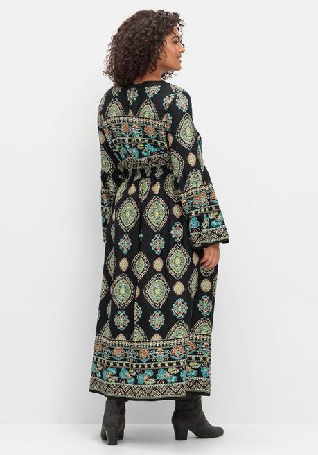Sheego By Joe Browns Maxikleid Im Boho-Stil, Mit Trompetenärmeln - Schwarz Gemustert Sheego