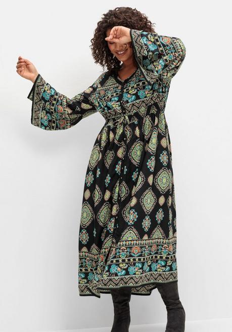 Sheego By Joe Browns Maxikleid Im Boho-Stil, Mit Trompetenärmeln - Schwarz Gemustert Sheego
