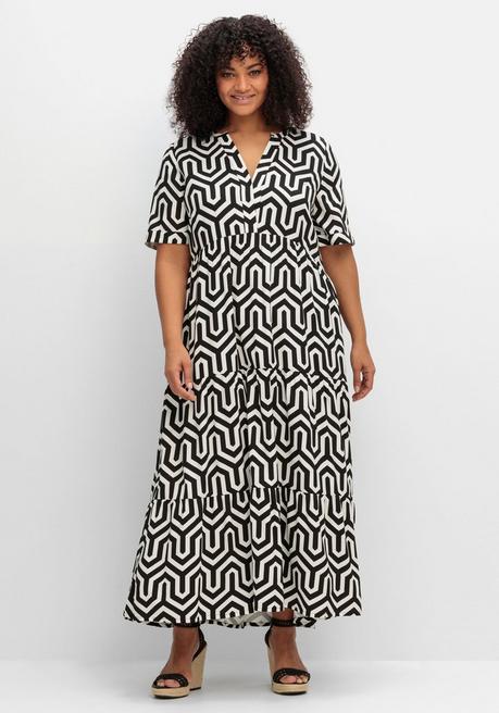sheego Maxikleid mit Alloverprint und Stufenvolants - schwarz-weiß gemustert sheego