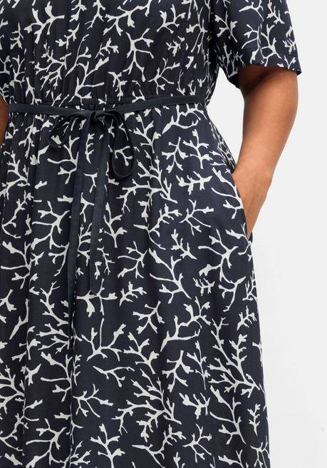 Sheego Maxikleid Mit Alloverprint Und Taillen-Bindeband - Tiefblau Gemustert Sheego