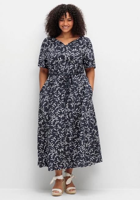 Sheego Maxikleid Mit Alloverprint Und Taillen-Bindeband - Tiefblau Gemustert Sheego