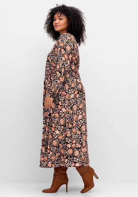Sheego By Joe Browns Maxikleid Mit Blumenprint Und Gesmokter Taille - Schwarz Gemustert Sheego