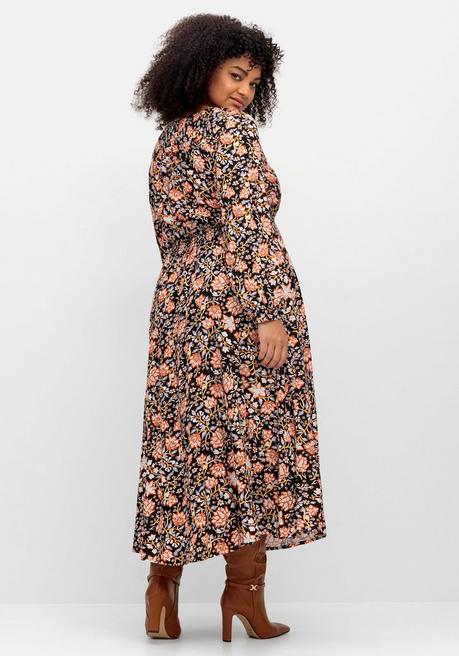 Sheego By Joe Browns Maxikleid Mit Blumenprint Und Gesmokter Taille - Schwarz Gemustert Sheego
