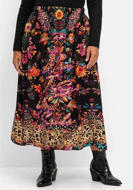 Sheego Loves Miss Goodlife Maxirock Mit Floralem Print, Aus Viskose-Satin - Schwarz-bunt Sheego