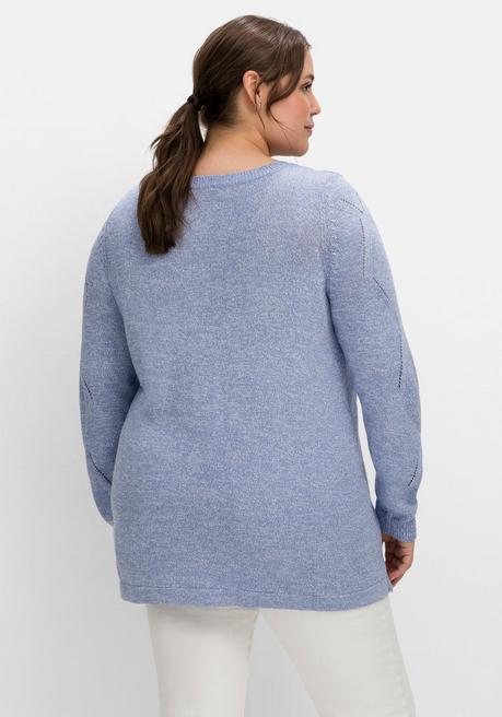 Sheego Melierter Pullover Mit Ajourmuster Am Ärmel - Mittelblau Meliert Sheego