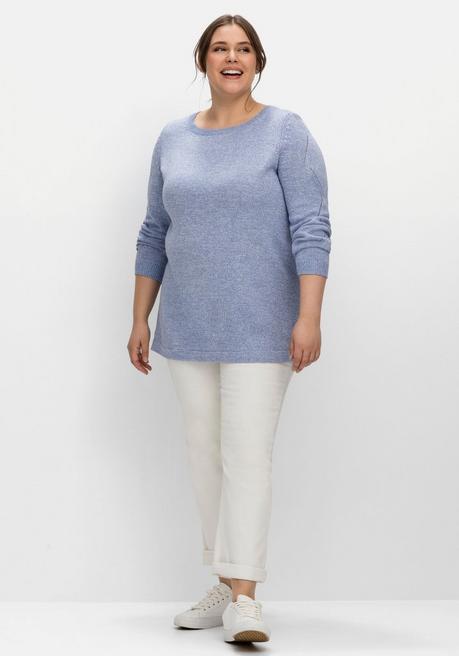 Sheego Melierter Pullover Mit Ajourmuster Am Ärmel - Mittelblau Meliert Sheego