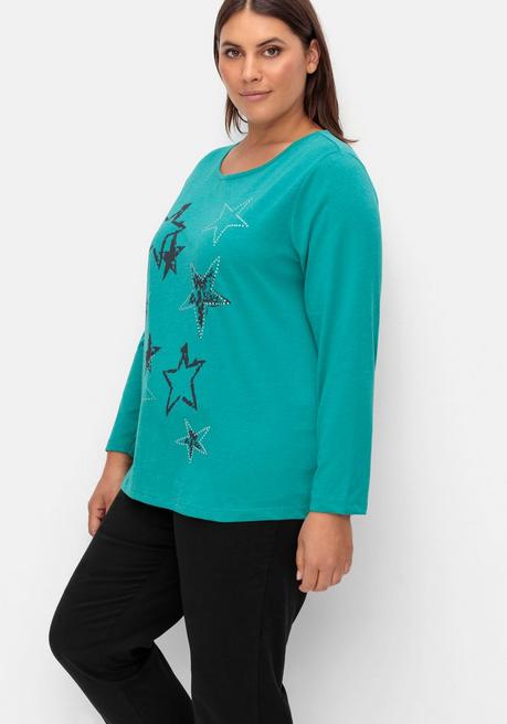 Sheego Meliertes Langarmshirt Mit Sternen-Frontdruck - Grün Bedruckt Sheego