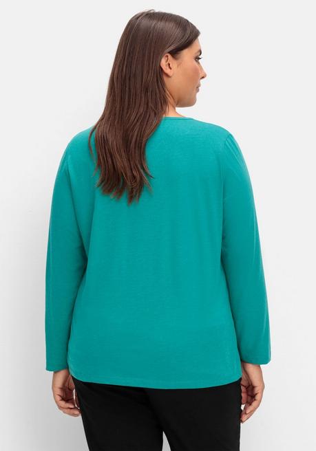 Sheego Meliertes Langarmshirt Mit Sternen-Frontdruck - Grün Bedruckt Sheego