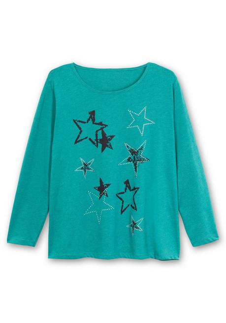 Sheego Meliertes Langarmshirt Mit Sternen-Frontdruck - Grün Bedruckt Sheego