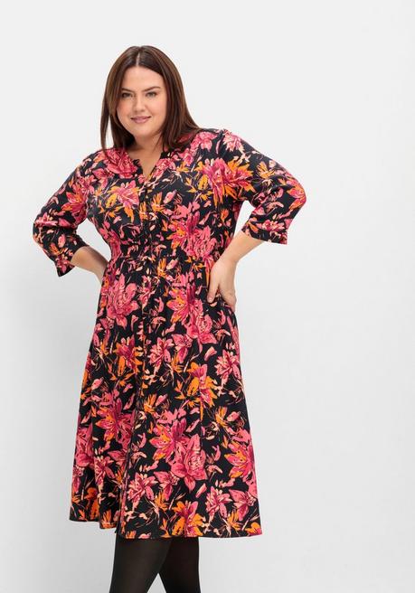 Sheego Midikleid Aus Crêpe, Mit Blumendruck - Schwarz Gemustert Sheego