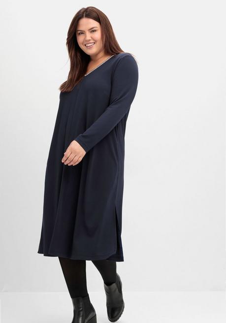 Sheego Midikleid In A-Linie, Mit Perlendeko Am Ausschnitt - Tiefblau Sheego