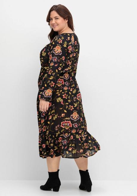 Sheego By Joe Browns Midikleid Mit Blumendruck Und Volant Am Saum - Schwarz Gemustert Sheego