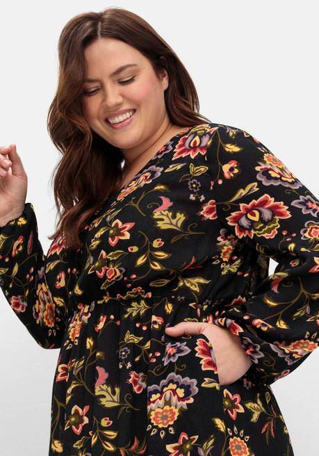 Sheego By Joe Browns Midikleid Mit Blumendruck Und Volant Am Saum - Schwarz Gemustert Sheego